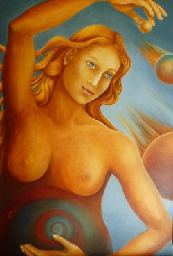 Dans la mythologie Romaine Vénus est la déesse de la beauté et de l'amour. Son visage nous offre une sensation de pureté d'où émane une magnifique bonté. Vénus tient délicatement sa planète dans sa main droite, la plus chaude de tout le système solaire...